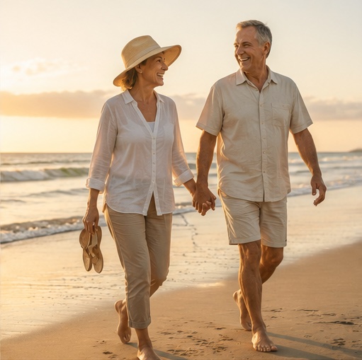 An active couple walking on the beach, enjoying life after hip replacement